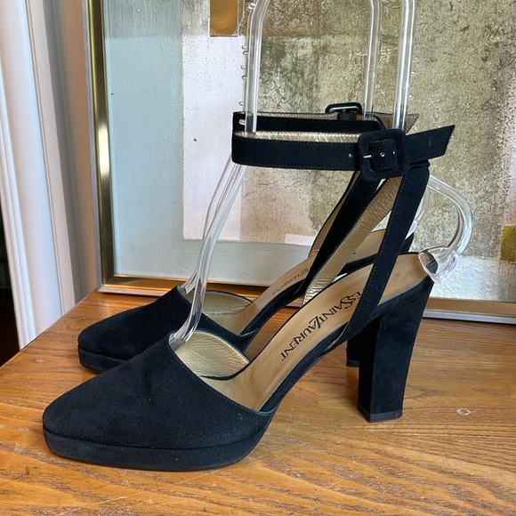 👔 Yves Saint Laurent black suede platform ankle strap heels